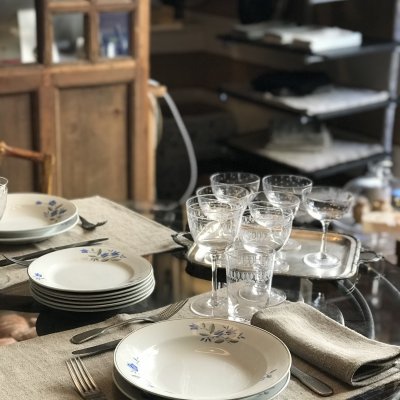 Vintage table set with blue flowers