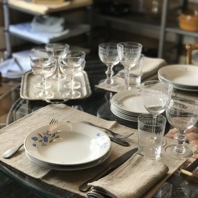 Vintage table set with blue flowers